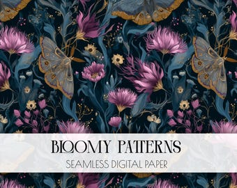 Night Garden Seamless Pattern, Dark Cottagecore Digital Paper, Celestial Pattern,witchcraft digital, POD, mystical moth, Scrapbooking
