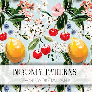 May include: Seamless digital paper with a light blue background featuring a watercolor design. The design includes bright red cherries, yellow lemons, white and pink flowers, and green leaves. The text "BLOOMY PATTERNS" is displayed in a banner.