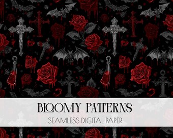 Vampire Seamless Pattern, Gothic, Dark Academia, Vintage Halloween Digital Paper