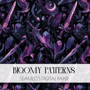 May include: Seamless digital paper with a dark background featuring a repeating pattern of purple swords, crystals, feathers, and a crescent moon. The text "Bloomy Patterns" and "Seamless Digital Paper" are displayed in white.