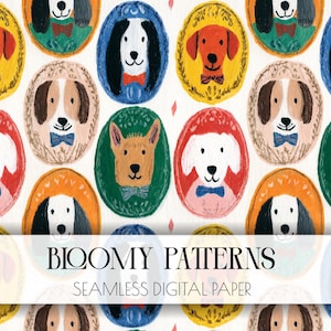 May include: A repeating pattern of illustrated dog portraits in oval frames. The dogs are various breeds and colors, each wearing a bow tie. The frames are in shades of red, yellow, green, and blue. The text "BLOOMY PATTERNS SEAMLESS DIGITAL PAPER" is at the bottom.