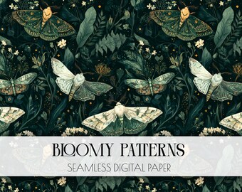 Night Garden Seamless Pattern, Dark Cottagecore Digital Paper, Celestial Pattern, mystical moth, Scrapbooking, POD, Art Nouveau.
