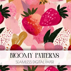Op de afbeelding: Naadloos digitaal papier met een herhalend patroon van gestileerde aardbeien, bladeren en abstracte vormen in roze, rood en goud. De tekst "Bloomy Patterns" en "Seamless Digital Paper" is weergegeven.