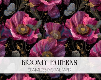 Grandmillennial Peony Digital Paper, Vintage Floral Seamless Patterns with Painterly Blush Peonies, Gothic Poppy