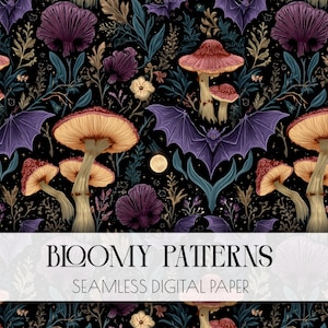 May include: Seamless digital paper with a dark background featuring a repeating pattern of mushrooms, bats, and foliage in shades of red, purple, and teal. The text "Bloomy Patterns" and "Seamless Digital Paper" is displayed at the bottom.