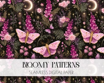 May include: A seamless digital paper pattern featuring pink moths, magenta foxgloves, light pink roses, ferns, and crescent moons on a black background. The text BLOOMY PATTERNS SEAMLESS DIGITAL PAPER is centered in a white horizontal banner.
