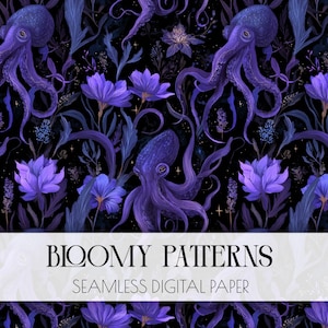 May include: Seamless digital paper with a dark background featuring purple octopus illustrations, flowers, and foliage. The text "Bloomy Patterns" and "Seamless Digital Paper" is displayed in a white banner across the bottom.