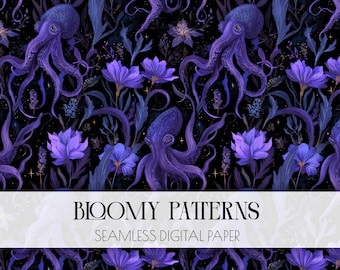 Night Garden Seamless Pattern, Dark Cottagecore Digital Paper, Celestial Pattern, mystical Octopus, Scrapbooking, POD, Art Nouveau.