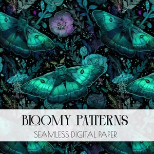 May include: Seamless digital paper with a dark background featuring teal moths and purple flowers. The moths have detailed wing patterns and are surrounded by floral elements. The text "Bloomy Patterns" and "Seamless Digital Paper" is displayed at the bottom.