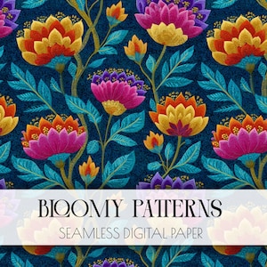 Puede incluir: Papel digital sin costuras con un estampado floral. El diseño presenta flores estilizadas en tonos de amarillo, naranja y rosa sobre un fondo azul oscuro. El texto "Bloomy Patterns" y "Seamless Digital Paper" se muestra en blanco.