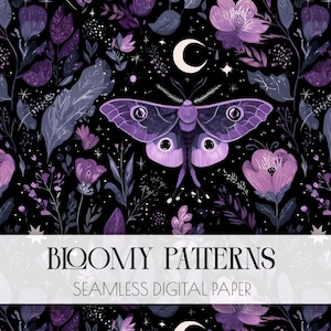 Night Garden Seamless Pattern, Dark Cottagecore Digital Paper, Celestial Pattern, witchcraft digital, mystical moth, Scrapbooking, POD