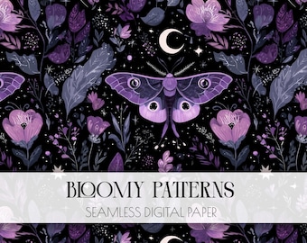 May include: Seamless digital paper with a dark background featuring a moth, flowers, leaves, a crescent moon, and stars. The color palette includes shades of purple, lavender, and gray. The text "Bloomy Patterns" is displayed.