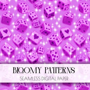 Könnte beinhalten: Ein nahtloses digitales Papiermuster mit violetten Würfeln mit schwarzen Punkten und Herzsymbolen, die über einen leuchtend violetten Hintergrund verstreut sind, akzentuiert durch zahlreiche weiße vierzackige Sterne. Der Text BLOOMY PATTERNS SEAMLESS DIGITAL PAPER ist sichtbar.