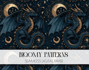 Night Garden Seamless Pattern, Dark Cottagecore Digital Paper, Celestial Pattern, witchcraft digital, mystical Dragon, Scrapbooking, POD