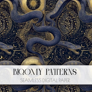 May include: A repeating pattern of navy blue snakes with gold detailing on a dark navy background. The design includes celestial and geometric shapes. The text reads "Bloomy Patterns" and "Seamless Digital Paper".