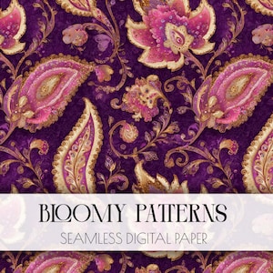 Könnte beinhalten: Ein nahtloses digitales Papierdesign mit tiefviolettem Hintergrund, das aufwendige Blumen- und Paisley-Motive in Rosa, Gold und Creme zeigt. Der Text "Bloomy Patterns" und "Seamless Digital Paper" wird angezeigt.