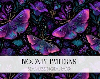 Night Garden Seamless Pattern, Dark Cottagecore Digital Paper, Celestial Pattern, witchcraft digital, mystical moth, Scrapbooking, POD