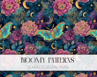 May include: A seamless digital paper design with a dark blue backdrop. It showcases a repeating pattern of pink and purple flowers, teal butterflies, gold crescent moons, and gold floral outlines. The text "Bloomy Patterns" and "Seamless Digital Paper" is displayed in white.