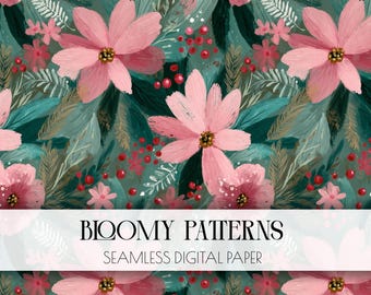 Christmas Retro Floral pattern file, Retro Christmas Seamless Pattern, winter flowers, Xmas Flower Digital Paper, Scrapbooking, Sublimation