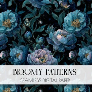 May include: A seamless digital paper design featuring large, blue and purple peonies with gold accents and butterflies against a dark background. The text "Bloomy Patterns" and "Seamless Digital Paper" is displayed.