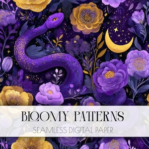 May include: Seamless digital paper with a dark background featuring a purple snake, yellow crescent moon, and various flowers in purple and yellow. The text "BLOOMY PATTERNS" and "SEAMLESS DIGITAL PAPER" are displayed at the bottom.