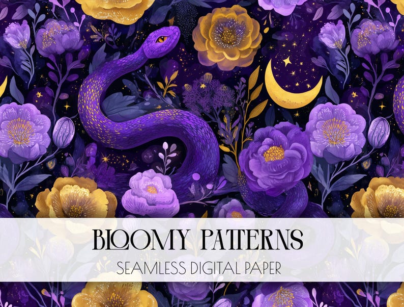 May include: Seamless digital paper with a dark background featuring a purple snake, yellow crescent moon, and various flowers in purple and yellow. The text "BLOOMY PATTERNS" and "SEAMLESS DIGITAL PAPER" are displayed at the bottom.