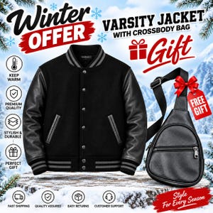 Könnte beinhalten: Eine schwarze Collegejacke mit langen schwarzen Ärmeln, Knopfleiste und grau gestreiften Rippbündchen an Kragen, Ärmeln und Saum. Daneben befindet sich eine schwarze Umhängetasche mit Reißverschlusstasche vorne und einem roten Geschenkanhänger.