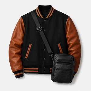 Könnte beinhalten: Eine schwarze Collegejacke mit braunen Lederärmeln, geripptem Kragen, Bündchen und Saum mit braunen Streifen sowie einer Druckknopfleiste. Eine schwarze, strukturierte Umhängetasche mit zwei Reißverschlusstaschen wird über der Jacke getragen.