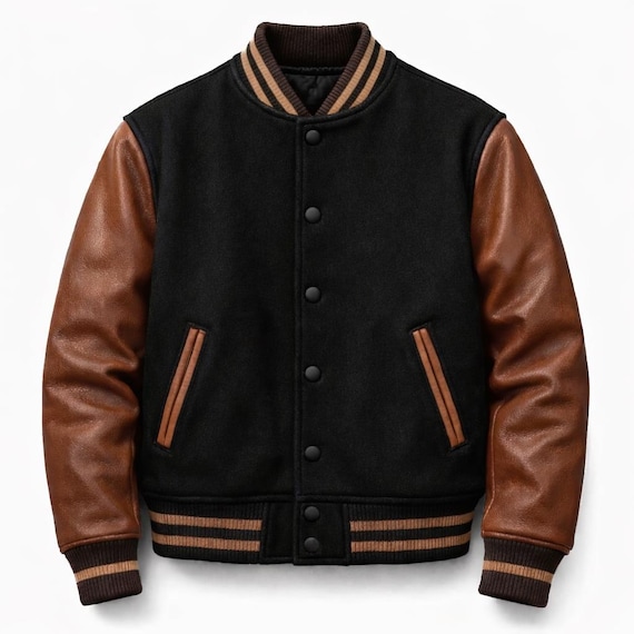 Handmade Men's Black & Brown Varsity Jacket | Classic Leather