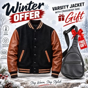 Könnte beinhalten: Eine schwarze Collegejacke mit braunen Ärmeln, Knopfleiste sowie gestreiften Rippbündchen an Ärmeln und Saum, dazu eine schwarze Umhängetasche mit roter Schleife und einem Anhänger mit der Aufschrift FREE GIFT. Text: Winter Offer und Varsity Jacket.