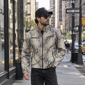 Men’s Python Snake Print Leather Jacket – Exotic Biker Style, Handmade Luxury Outerwear