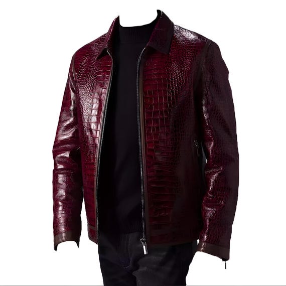 Men's Leather Jacket Burgundy Red Crocodile Textured Genuine Leather