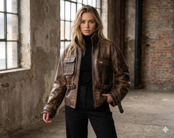 Women Vintage Brown Distressed Leather Jacket – Cropped Bomber Style Coat with Adjustable Buckles – Genuine Leather Outerwear- gift for her.