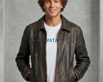 Handmade Men Oversized Bomber Distressed Brown Real Leather Jacket - Streetwear Jacket - Classic Outerwear Zipper Jacket  - Gift For Him
