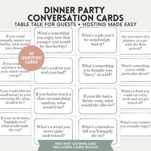 May include: A set of 40 dinner party conversation cards with various questions printed on them. The cards are arranged in a grid, with the text "Dinner Party Conversation Cards" at the top. The cards are designed for table talk.