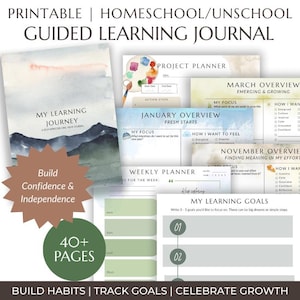 May include: Printable guided learning journal with watercolor mountain cover. Includes project planner, weekly and monthly overviews, and goal-setting pages. Features the text "Build Confidence & Independence" and "40+ Pages".