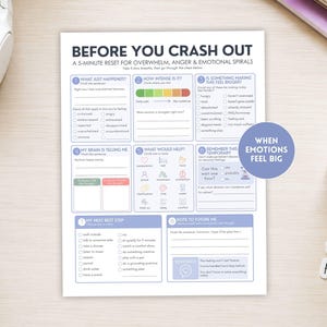 May include: A white paper worksheet titled BEFORE YOU CRASH OUT, A 5-MINUTE RESET FOR OVERWHELM, ANGER & EMOTIONAL SPIRALS. It features eight numbered sections with checkboxes, prompts, and a color-coded intensity scale for emotional regulation.
