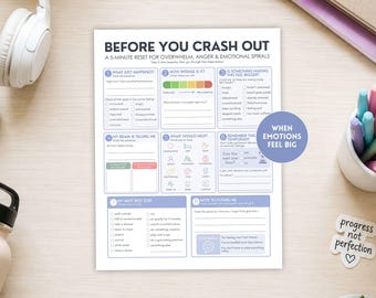 Emotional Regulation Worksheet for Teens, Before You Crash Out, Coping Skills, Self Awareness & Stress Relief Printable PDF