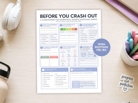 Emotional Regulation Worksheet for Teens, Before You Crash Out, Coping Skills, Self Awareness & Stress Relief Printable PDF