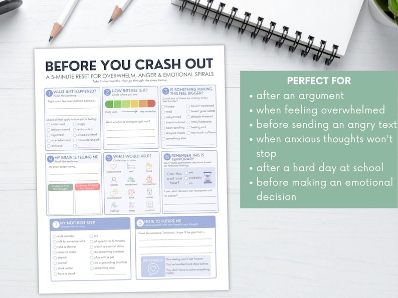 May include: A white paper worksheet titled BEFORE YOU CRASH OUT, A 5-MINUTE RESET FOR OVERWHELM, ANGER & EMOTIONAL SPIRALS. The document features eight numbered sections with checkboxes, fill-in-the-blank prompts, and icons for emotional regulation.