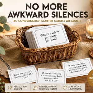 May include: A set of 40 conversation starter cards for adults titled No More Awkward Silences. The white cards feature black text with questions like What's a talent you wish you had? and What does a really good day look like to you? in a basket.
