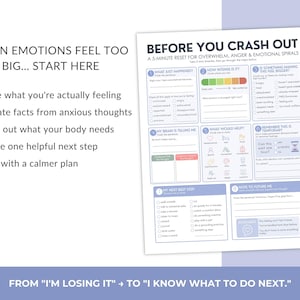 May include: A white printable worksheet titled BEFORE YOU CRASH OUT with a 5-minute reset guide for overwhelm, anger, and emotional spirals. It features eight numbered sections with checkboxes, fill-in-the-blank prompts, and icons for emotional regulation.