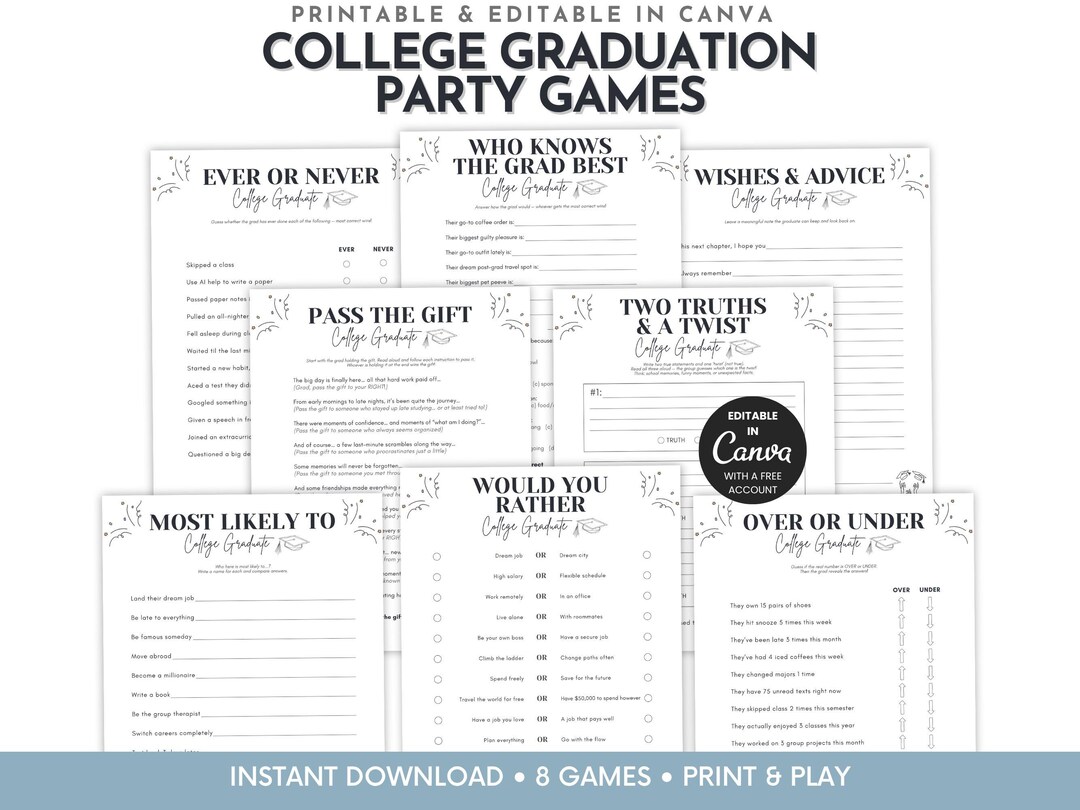 College Graduation Party Games Printable, 8 Fun Grad Party Games for ...