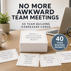 May include: A deck of 40 team building icebreaker cards with white backgrounds and black text. The cards feature prompts such as 'What's a talent you wish your team knew about?' and 'What's a small thing that instantly improves your day?'