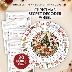 May include: A Christmas secret decoder wheel game featuring a circular chart with letters A through Z paired with holiday icons. The set includes multiple printable riddle sheets with the text 20 RIDDLES & JOKES TO CRACK and CHRISTMAS SECRET DECODER WHEEL.