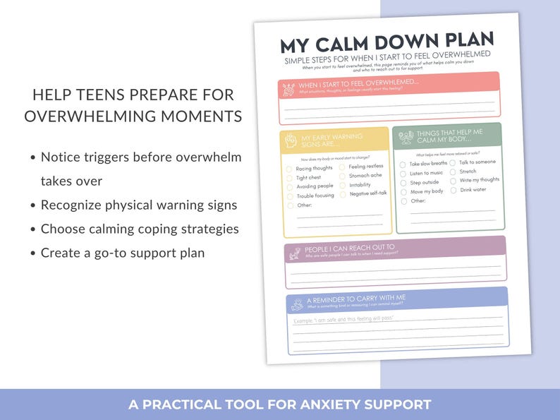 Calm Down Plan for Teens, Anxiety Coping Worksheet Printable, Emotional ...