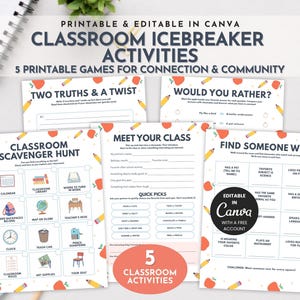 May include: Five printable classroom icebreaker activity sheets featuring dark blue text and colourful illustrations of apples and pencils. The pages include games titled Two Truths & A Twist, Would You Rather, Classroom Scavenger Hunt, Meet Your Class, and Find Someone Who, with editable fields.