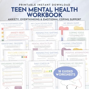 Könnte beinhalten: Druckbares Teenager-Mental-Health-Workbook mit 18 geführten Arbeitsblättern. Themen sind Angst, Überdenken und emotionale Bewältigungsunterstützung. Enthält einen Beruhigungsplan, Angst-Reset und Selbstpflege-Check-in.