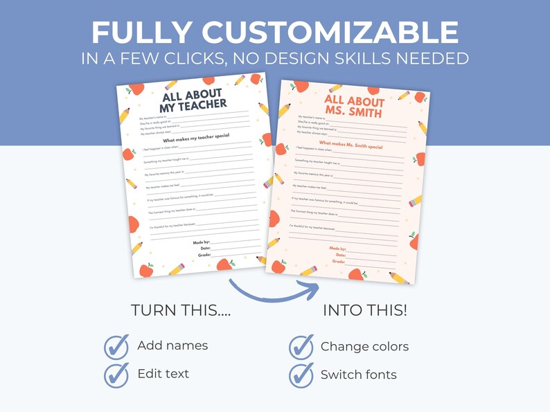 May include: Two printable teacher appreciation forms, one titled "All About My Teacher" and the other "All About Ms. Smith." The forms are decorated with red apples and yellow pencils. The image also shows how to customise the forms by adding names, editing text, changing colours, and switching fonts.