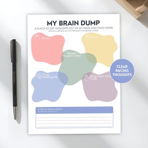 May include: A white paper sheet titled MY BRAIN DUMP with pastel-colored organic shapes for organizing thoughts. Sections include Worries, To Do, Random Thoughts & Ideas, Things Bothering Me, and Things I Don't Want Forget. Includes a section for notes.